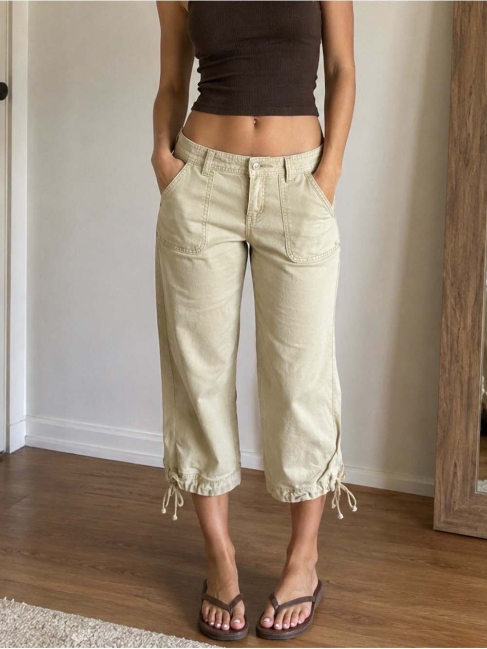 Abercrombie & Fitch Light Khaki Drawstring Crop Capris